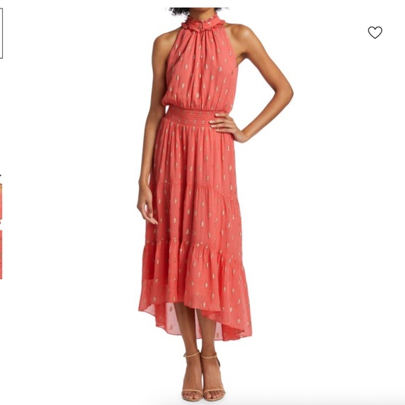 SHOSHANNA Midnight ​Hasting Chiffon Pink & Gold Hi-Low Midi Dress - Picture 1 of 8